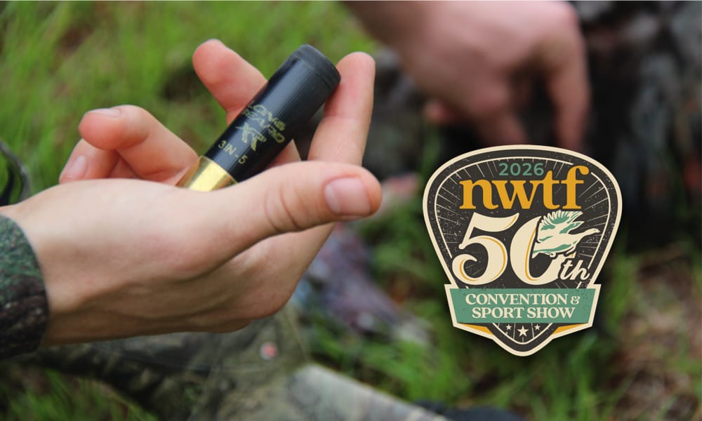 2026 NWTF Convention and Sport Show logo and a hand holding a Winchester Long Beard XR shotshell.