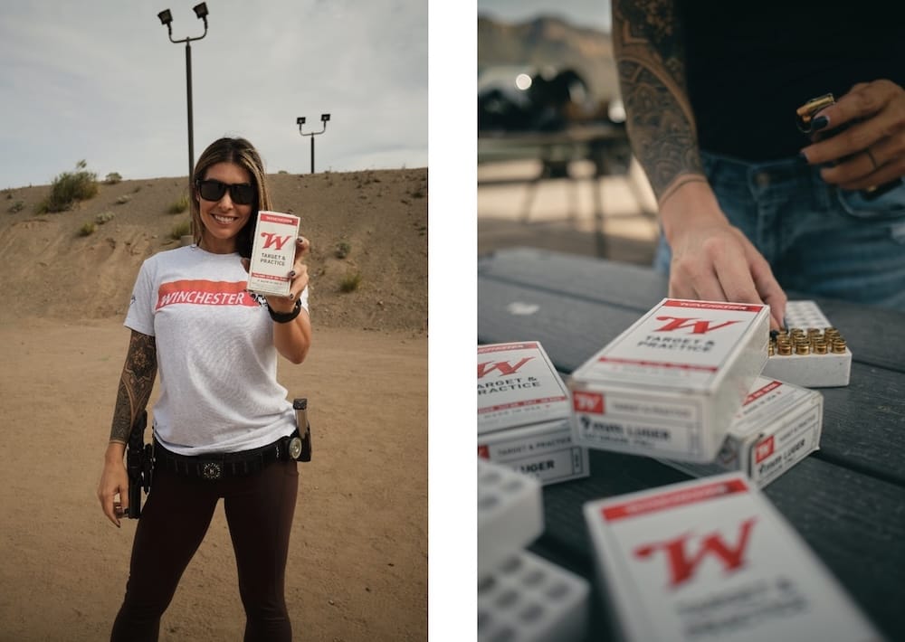 Pro shooter Michelle Viscusi holding a box of Winchester USA handgun ammunition and loading rounds into magazines.