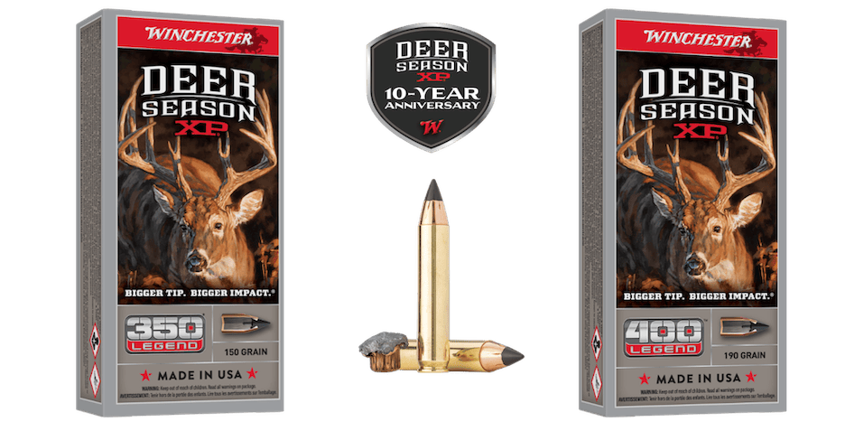 Deer Season XP ammunition 10 year anniversary logo, bullets, and boxes of 350 Legend and 400 Legend calibers.