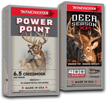 Multiple ammunition boxes of Winchester deer hunting rifle brands