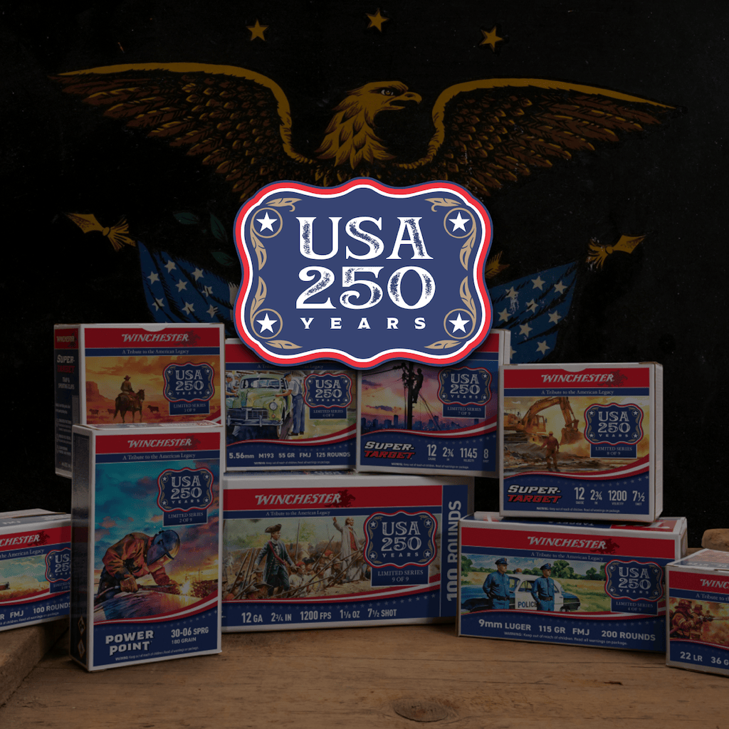 Winchester's USA 250th Anniversary Edition ammo boxes stacked on a table