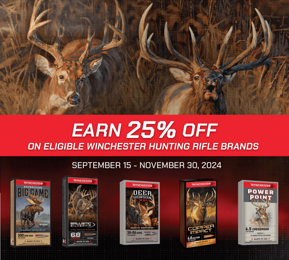 Rebate promotional banner image featuring a deer and elk, promotion details and box photos of product lines featured