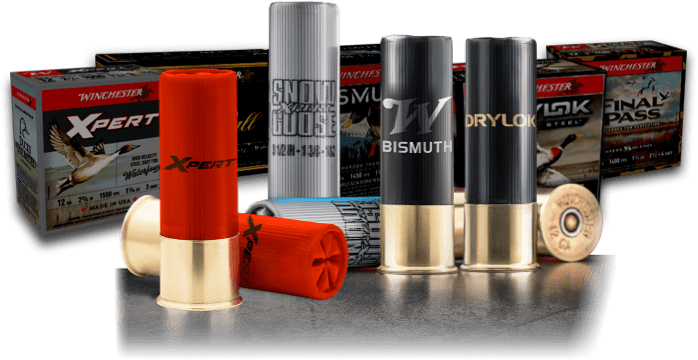 Winchester Xpert waterfowl, Xpert Snow Goose, Bismuth, Drylok, Last Call TSS, Last Call Double Shot and Final Pass waterfowl shotshells sitting in front of boxes of each