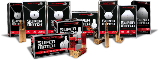Super Match ammunition boxes with shells and bullets in front