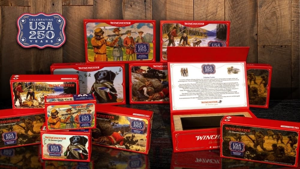 A collection of Winchester ammunition boxes celebrating USA 250 Years.