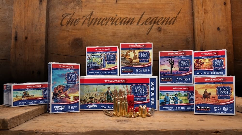 A collection of Winchester ammunition boxes featuring a blue and red USA 250 Years theme.