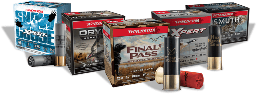 Winchester waterfowl ammunition boxes and shotshells