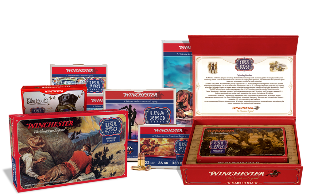 USA 250th Anniversary Edition ammunition boxes with shells in front