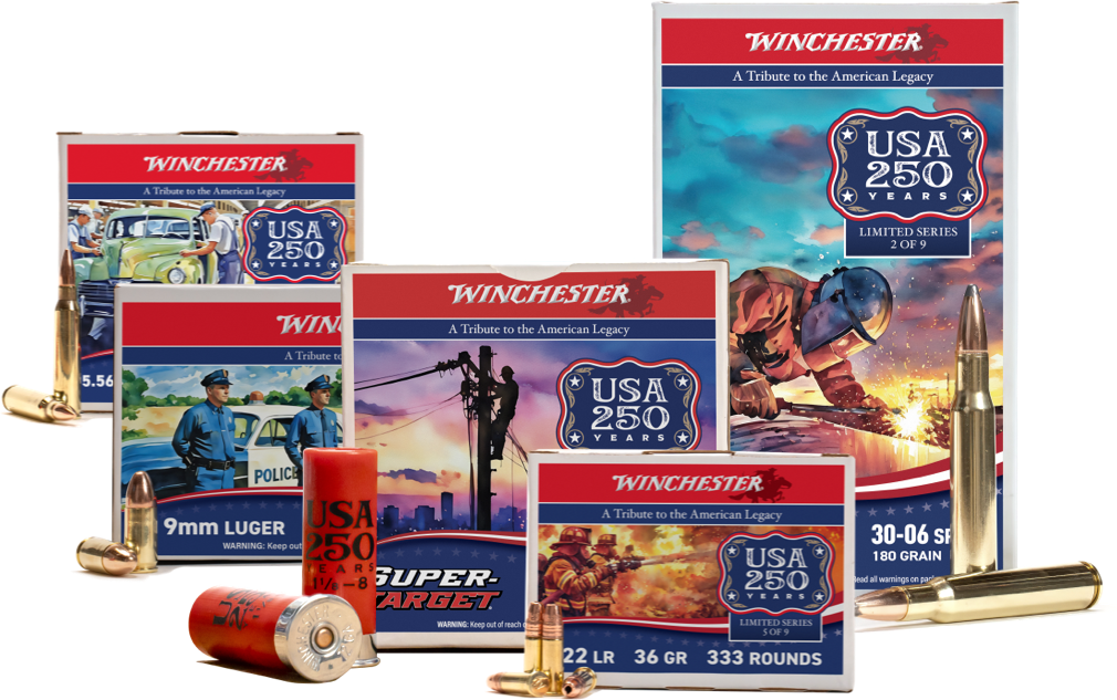 USA 250th Anniversary Edition ammunition boxes with shells in front